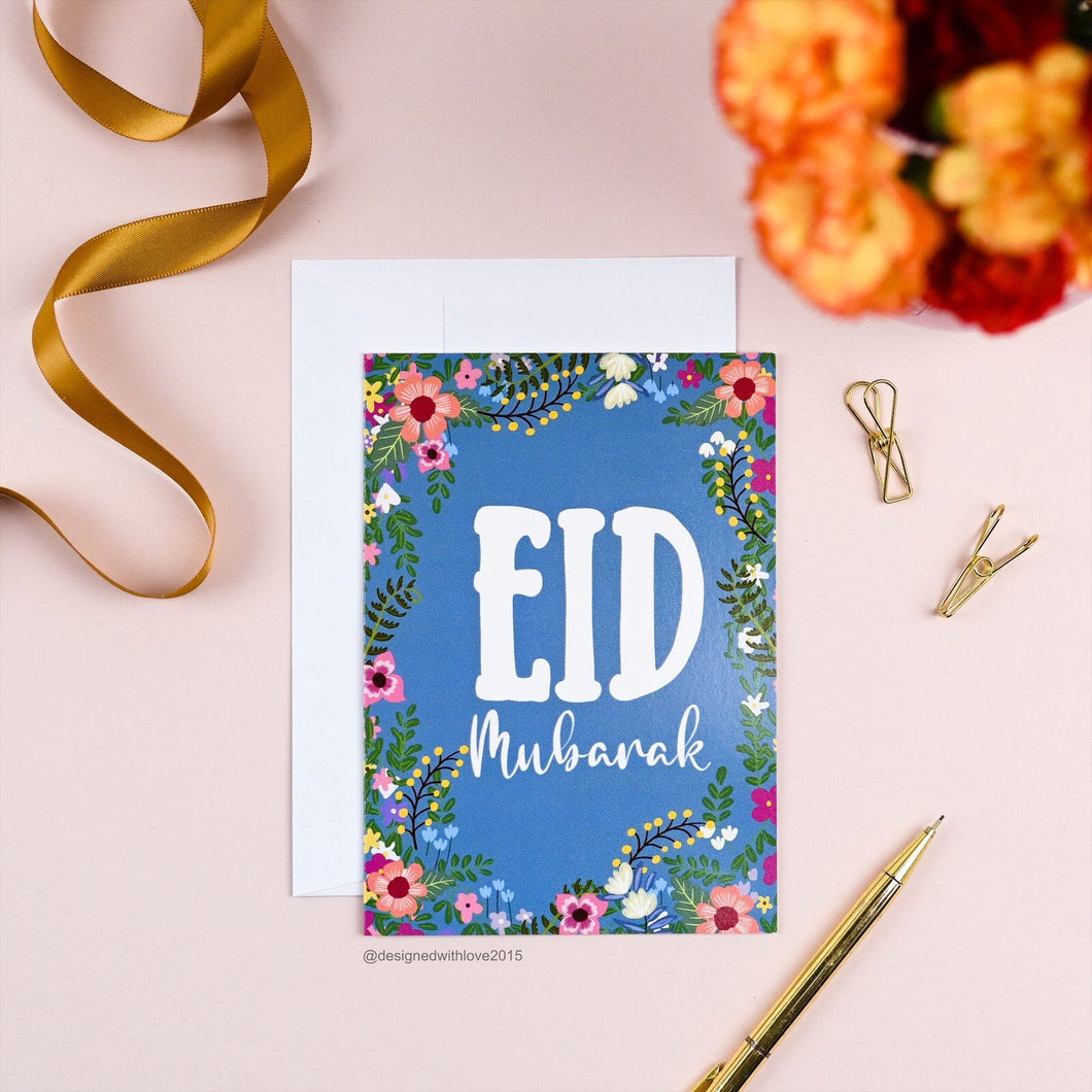 Eid Mubarak Blue Floral Card