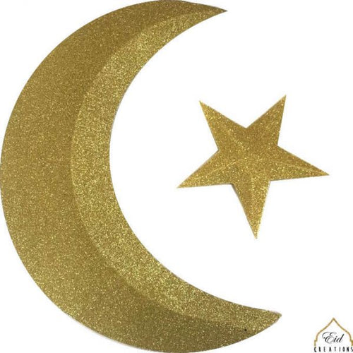 3D Glitter Gold Crescent Moon & Star
