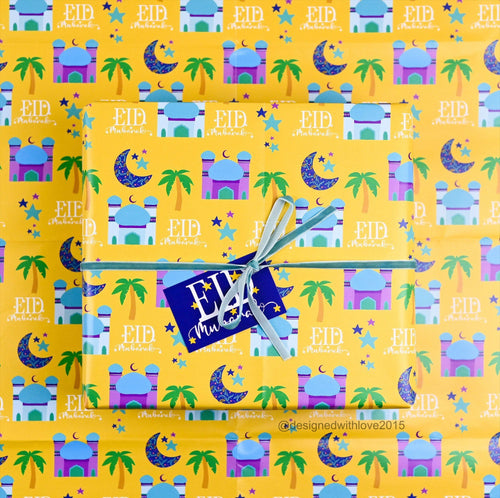 Eid Mubarak Gift Wrap with Tag - Yellow